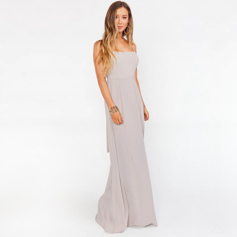 Show Me Your Mumu Lauren Tie Back Dove Grey Chiffon Bridesmaid Maxi Dress - Picture 7 of 16